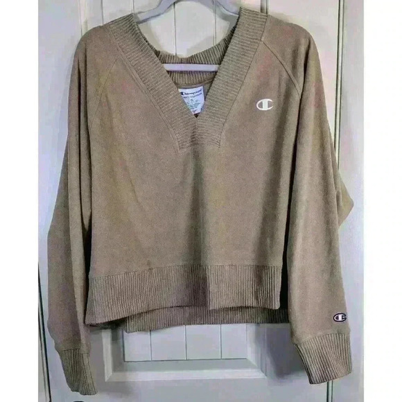NWOT Champion SOFT Tan Oversized V-Neck Cropped Slouchy Sweater Size XL - Picture 1 of 6